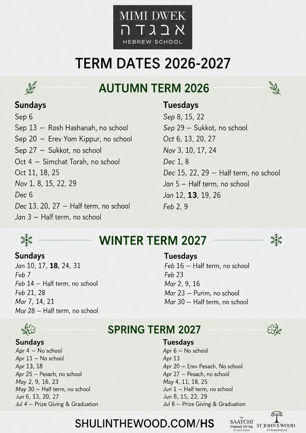 Mimi Dwek Hebrew School Term Dates 2026-2027