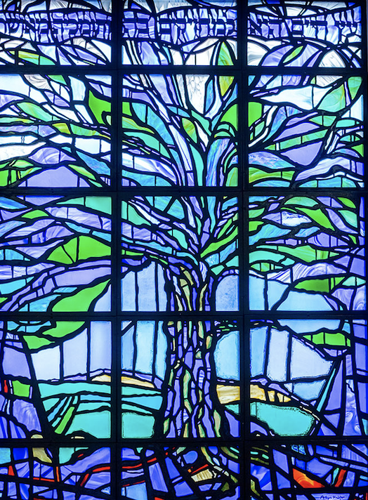 Stained glass window depicting a tree
